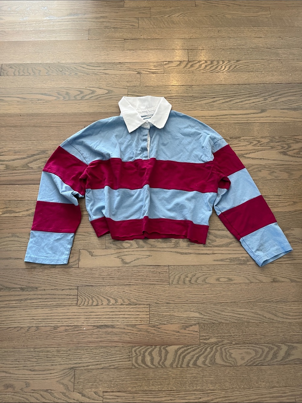 By Anthropologie Cropped Striped Rugby Shirt — Light Blue & Burgundy